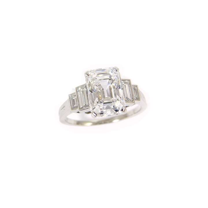 Rectangular trap cut diamond ring, claw set with a 2.28ct D IF stone